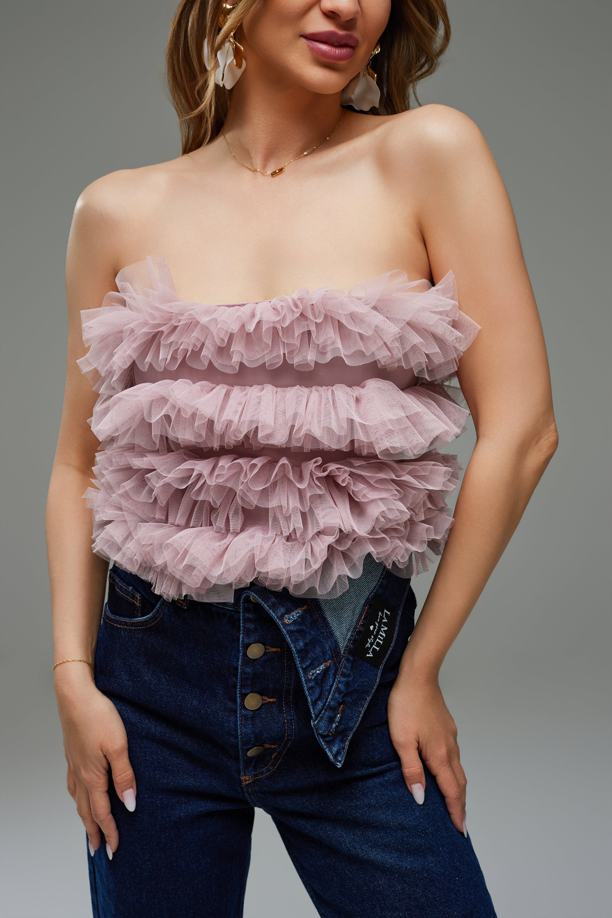 Amira tüll crop top - púder